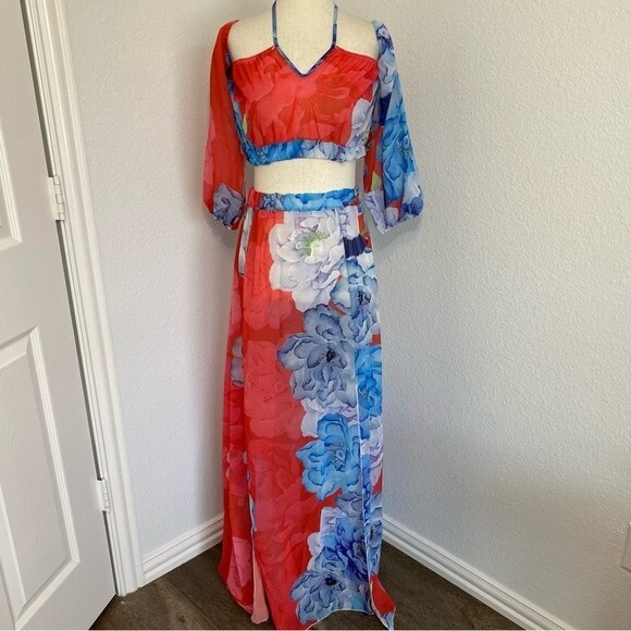 Sheer Floral Maxi Skirt With Matching Crop Top Blue Red Size S - Picture 1 of 12